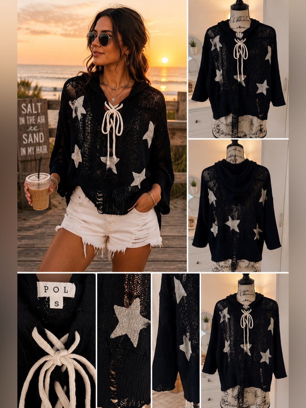Black Knit Hoodie with Silver Star Accents